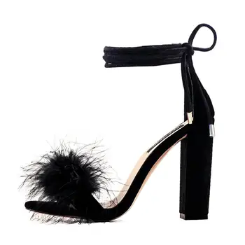 

Onlymaker Fur Feather Sandals Chunky Block Heels Womens Open Toe Strappy Sandals Dress Evening Party Shoes Big Size US5-15
