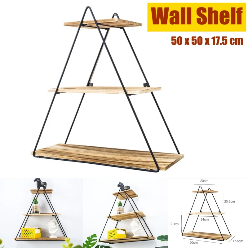 

Wooden Retro Storage Racks Hanging Decoration Iron Art Triangle House Shelf Bedroom Wall Book Figurines Display Crafts Shelves