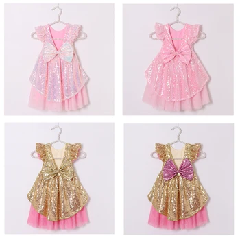 

Girls Sequin Ruffle Sleeves Dress Kids Sparkle High-Low Party Birthday Prom Gown Toddler Tulle Glitter Aqua Bows V-Back Dress