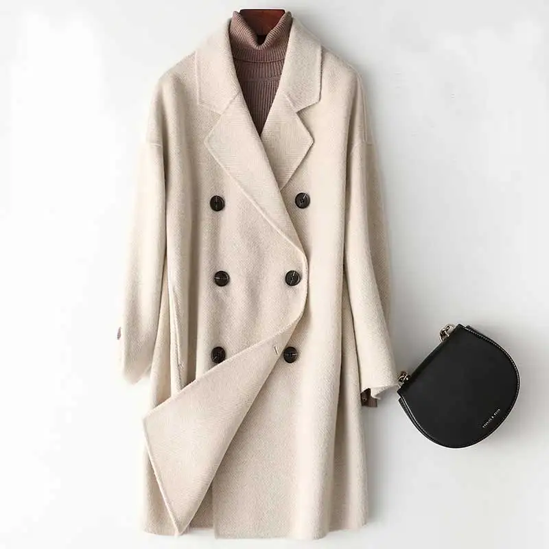 

2019 Women Woolen Coat Elegant Turn Down Collar Woolen Coat Drouble Button Design Autumn Warm Coat Casaco Feminino