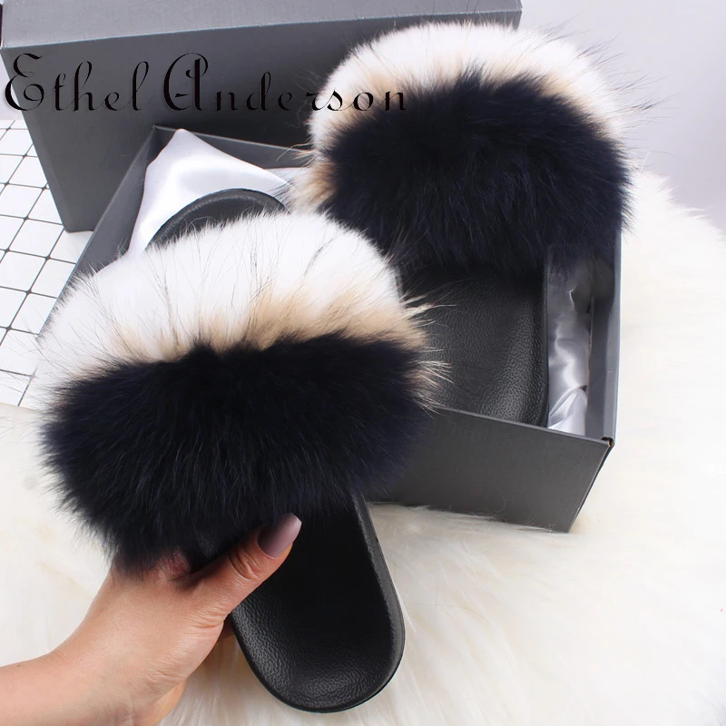 2021 Hot Sale Women Real Fox Fur Slippers Multi-color Summer Fashion Slides Casual Female Furry Shoes