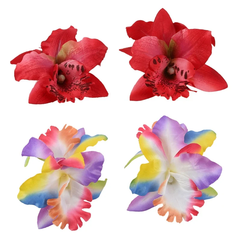 

4 Pcs Orchid Flower Floral Hair Clips Bridal Wedding Party Bridesmaids Accessory , 2 Pcs Rainbow with 2 Pcs Red