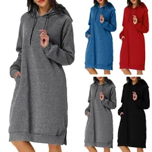Robe hiver femme, женское платье, повседневное, одноцветное, с длинным рукавом, зимнее платье, с карманом, толстовка, с разрезом, платье, vestidos ropa mujer