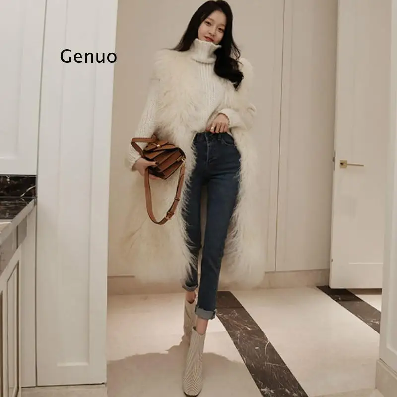 

Шикарный жилет из искусственного лисьего меха, пальто, белая зимняя женская Повседневная приталенная куртка без рукавов, на бретелях из искусственного меха норки, длинный ворсистый кардиган