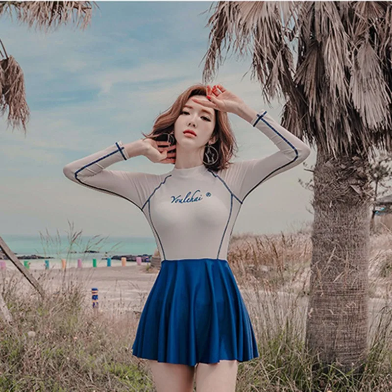 

WackDaria Rash Guard Women Swimsuit Surfing Skirt Long Sleeve Diving Wear Tankini Korea Bathing Suit Lady Dress