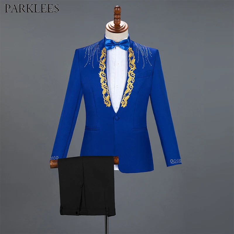 Diamond Royal Blue Men Suit Set Gold Embroidered Wedding Mens Slim