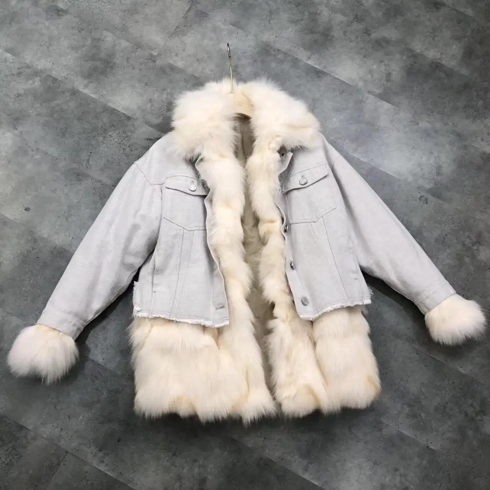 Женское зимнее пальто из натурального меха лисы, джинсовая куртка-парка, новинка, модный стиль, больше размера - Цвет: Sky-blue