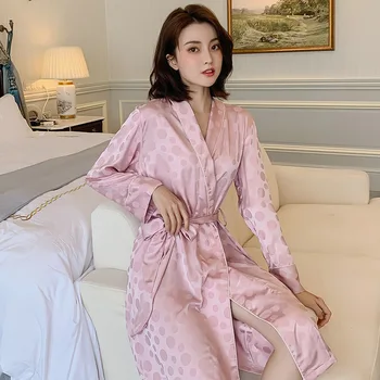 

Spring and Autumn Fashion Luxury Polka Dot Kimono Satin Nightgown Ladies Thin Casual Bathing Robe Comfortable Homewear Bathrobes