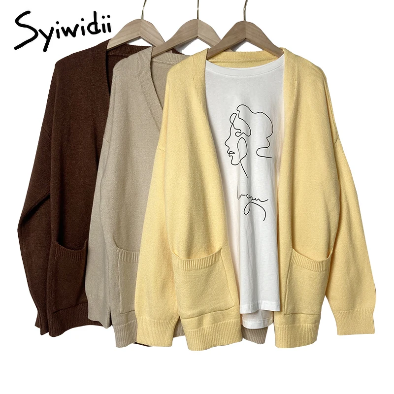 Syiwidii Comfortable Cardigan Women Knitted Sweater Jacket Fall Winter 2021 Harajuku Vintage Tops Black Yellow Brown Soft Coats |