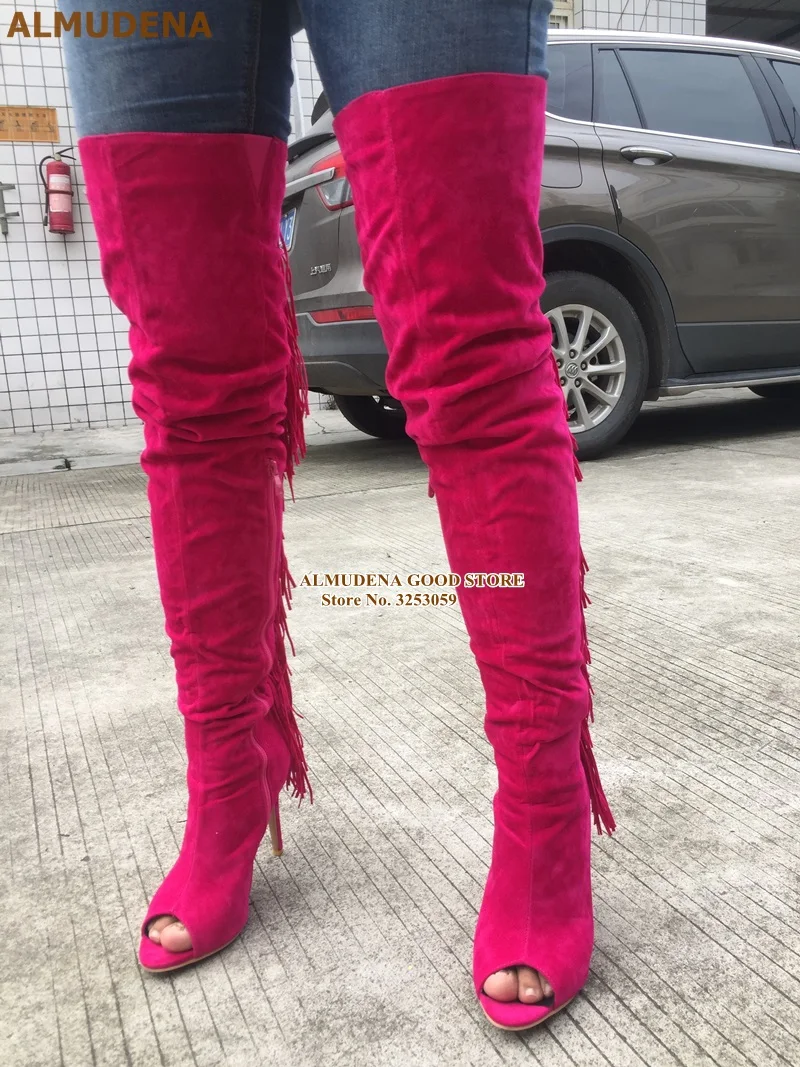 1909S1065 玫红色绒面鱼嘴过膝后流苏长靴 刘兴欢280 (2)