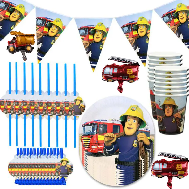 Decoration De Fete Dessin Anime Pompier Sam Fournitures De Table Jetable En Papier Assiette Serviette En Papier Paille Anniversaire Enfants Noel Aliexpress