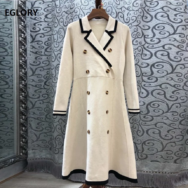 

High Quality Knitted Dress 2019 Autumn Winter Trench Style Dress Women Notched Collar Double Breasted Long Sleeve Sweater Dress