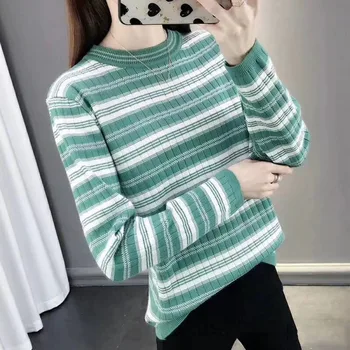 

New Autumn Winter Warm Knitted Striped Round Neck Contrast Color Irregular Long-sleeved Sweater for Women Casual Sweater New