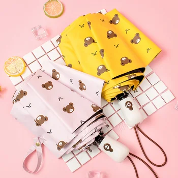 

HOT Little bear Umbrella three Folding Black Coating Portable Pocket Women Umbrellas Brand Windproof Parasols Summer Paraguas