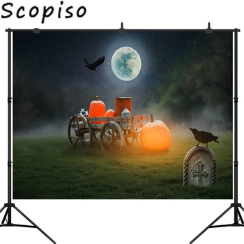 

Scopiso Halloween Moon Night Sky Tombstone Pumpkin Photography Backdrop Photo Background Studio Prop