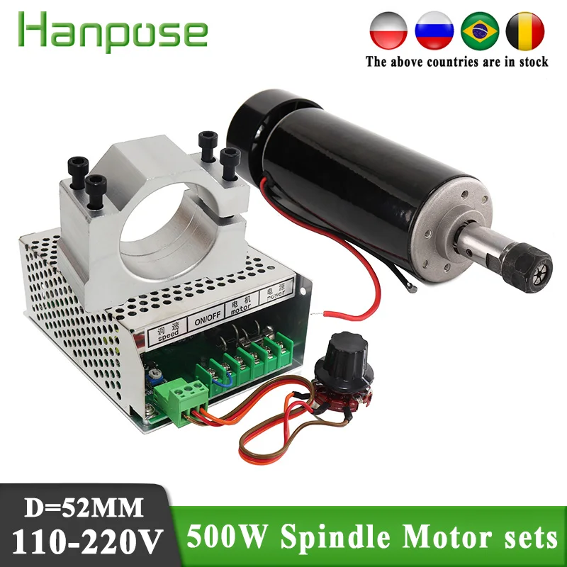 Free shipping 0.5kw Air cooled spindle motor ER11 chuck 500W Spindle dc Motor&52mm clamps&Power Supply speed governor For CNC