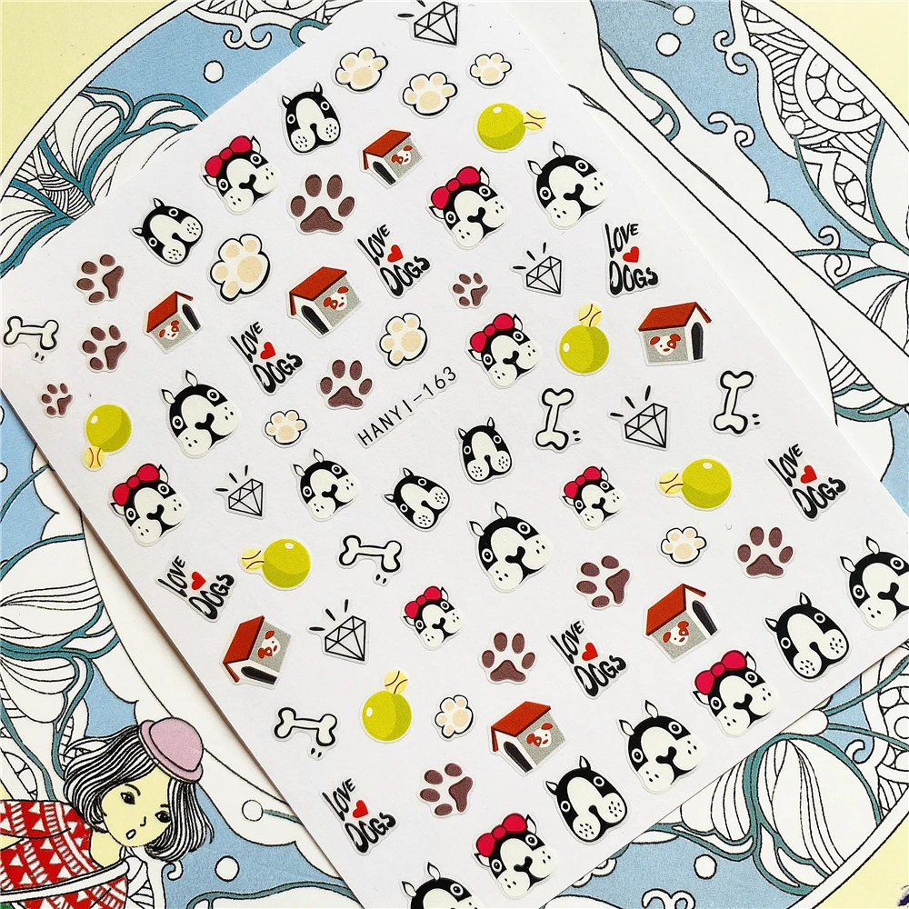 HANYI-093 HANYI-164 Happy dog Shar Pei 3D Back glue Nail Art Stickers Decals Sliders Nail ornament decoration
