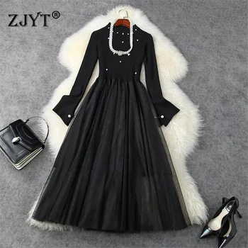 

Fashion Designers Flare Sleeve Bead Knitting Patchwork Midi Black Mesh Party Dresses Woman Autumn Winter Clothes 2020 Vestidos