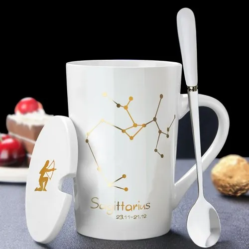 Sagittarius white Творческая личность керамическая кружка с крышкой ложка чашка тренд пара Питьевая чашка Бытовая кофейная чашка для мужчин и женщин чайная чашка - Цвет: Sagittarius white