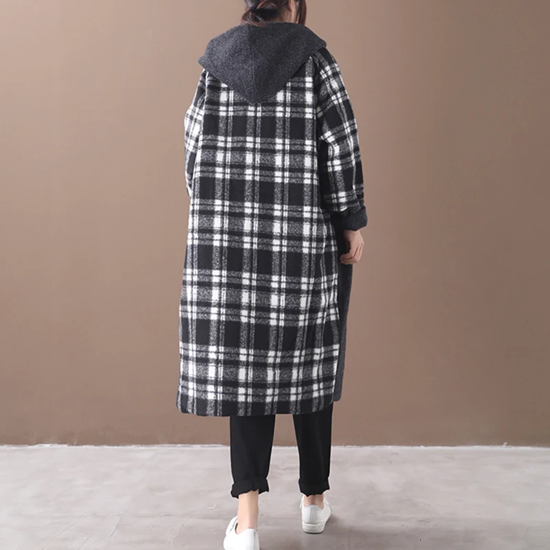 CHICEVER Plaid Hit Color Autumn Winter Coat Women Hooded Long Sleeve Oversize Casual Warm Coats Female 2020 Fashion New Clothes
