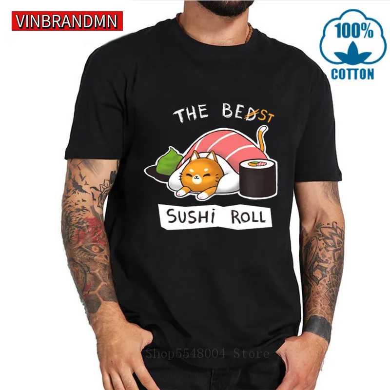 Комикс Neko Sushi Cat футболка для мужчин смешные суши ролл футболки Foodies Humor Deisgn Kawaii