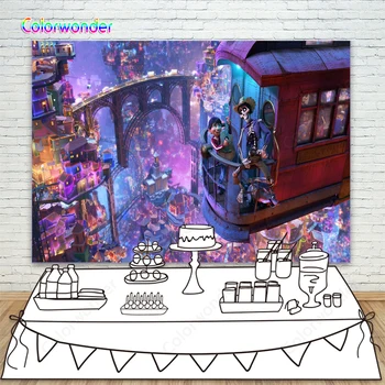 

Cartoon Coco Movie Children Happy Birthday Party Decor Backdrop Miguel Music Magic City Night Photo Background For Photo Studio