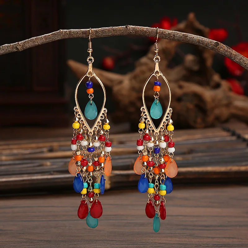 Bohemian Long Tassel Earrings Women Bead Handmade Tassel Earrings Boho Gold Color Drop Dangle Jewelry Boucle Oreille Femme dangle earrings drop earrings long earrings golden earrings crystal tassel earrings