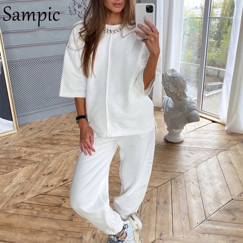 Sampic Tracksuit Women Sport Casual 2021 Summer Set Loose Khaki Short Sleeve Shirt Tops And Pants Bottom Suit Two Piece Set cute two piece sets