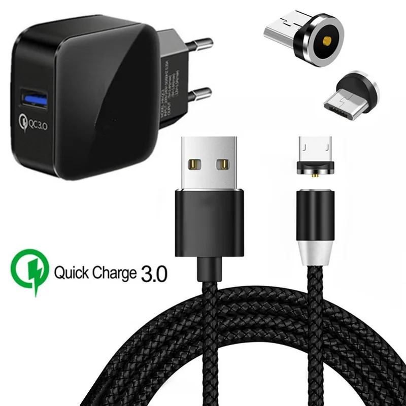 Магнитное зарядное устройство Micro USB кабель+ QC 3,0 USB быстрый адаптер для samsung A7 Xiaomi 6A Redmi 7 6 huawei P8 lite Android телефон - Тип штекера: EU charger and cable