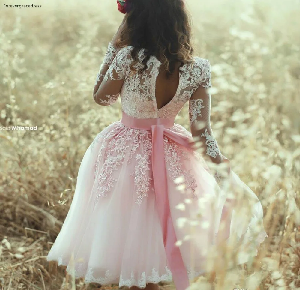 2017 Said Mhamad Pink Party Dresses Long Illusion Sleeves V Neck Sexy Knee Length Tulle Cocktail Homecoming Dresses Short Prom Gowns BA3770 105 (1)