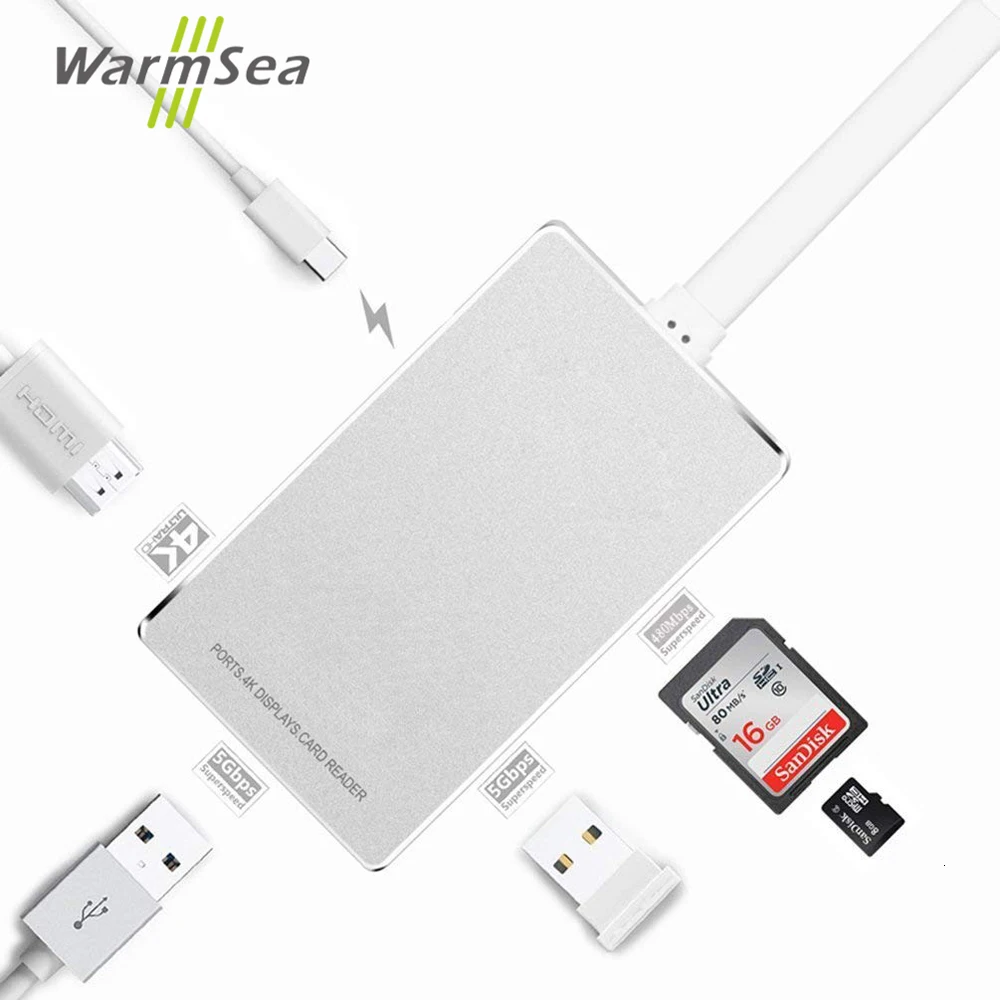 USB C концентратор type C адаптер Thunderbolt 3 с 4K HDMI PD зарядными портами 2 USB 3,0 Micro SD/SD TF кардридер для Macbook Pro