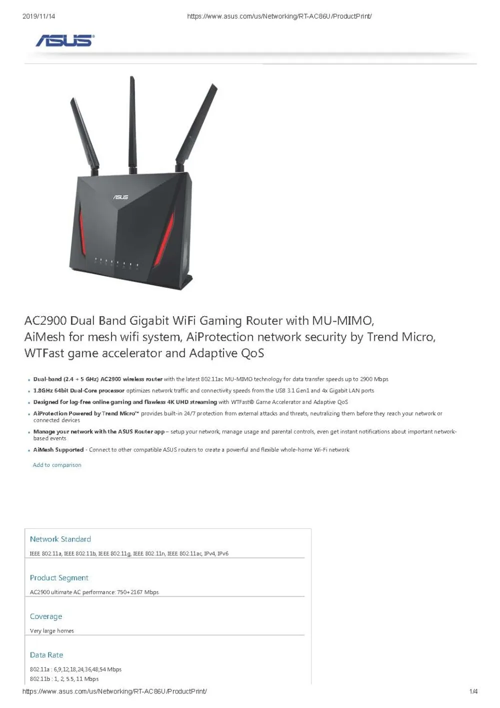 ASUS RT-AC86U AC2900 Топ 5 лучших Беспроводной Wi-Fi маршрутизатор 802.11AC MU-MIMO двухдиапазонный 2,4 ГГц/Wi-Fi 5 ГГц 1600 Мбит/с 4 порт Gigabit