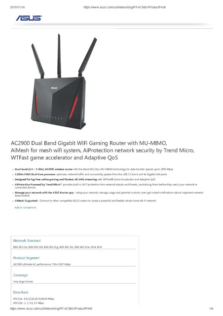 ASUS 高速無線ルーター ギガビットデュアルバンド2167 1000Mbps（10 