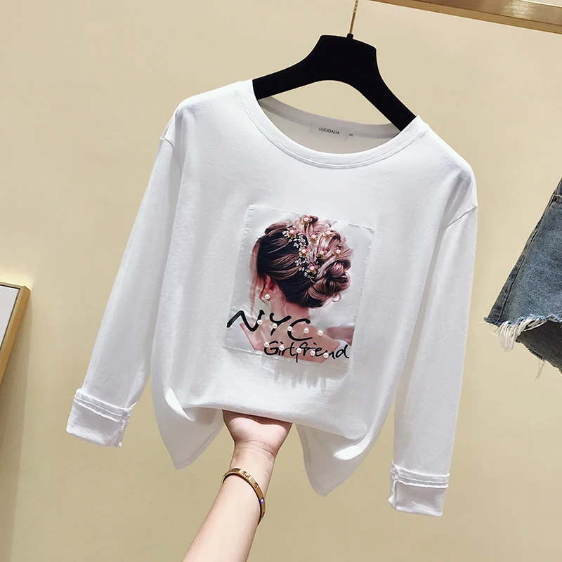 gkfnmt Korea Style Fashion T-shirt Women Tops Cotton Long Sleeve Appliques Bead White Tshirt Autumn Winter Top Tee Shirt Femme