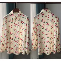 Ladies Cherry Print Silk 100% Lapel Long Sleeve Blouse Shirt Top 1