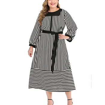 

Plus Size 5xl WoMen Casual Dress Vestidos O-neck Long Sleeve Stripe Print Waist Strap Dress For Lady Vestidos Nice Pop#J31