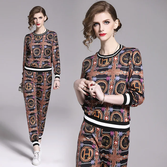 

Photo Shoot Europe And America 2019 Spring And Summer Fashion Printed Long-sleeved Sweater Casual Sports Clothing WOMEN'S Suit T