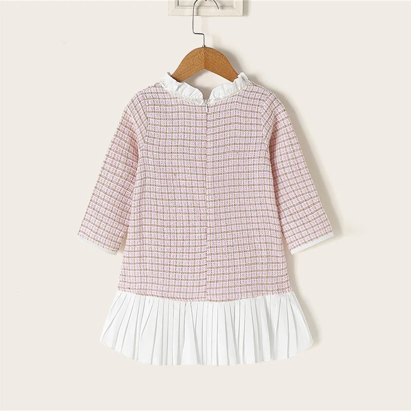 SHEIN/элегантное клетчатое платье для маленьких девочек с оборкой на шее; г. Осеннее плиссированное платье с длинными рукавами и заниженной талией и бантом спереди