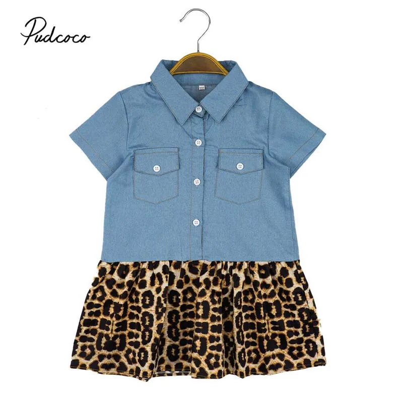 2020 Summer 0-5Y Denim Leopard Patch Short Sleeve Pocket Dress Toddler Infant Baby Kid Girl Clothes Princess Party Tutu | Детская одежда