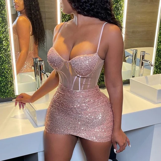 2022 Autumn Winter Women Sleeveless Bling Bling Low Cut Skinny Sling Dress Contrast Mesh Bodycon Cami Sequin Bodycon Dress Rose gold