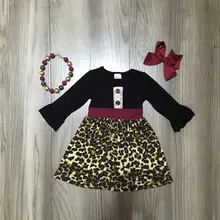 Осенне-зимняя одежда для маленьких девочек, детское платье с леопардовым принтом черного и винного цветов, молочный шелк, хлопок, оборки, изысканные наряды, подходящие аксессуары