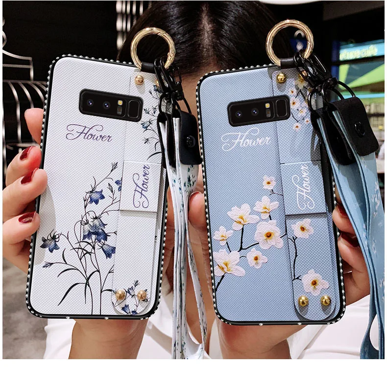 

Wrist Strap Soft TPU Phone Case For Samsung Galaxy Note 8 Note 9 Flower Patter Holder Luxury Bling Silicone Cover With Lanyard