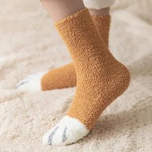 Женские плюшевые флисовые Носки с рисунком кота и когтями; утолщенные теплые носки; сезон осень-зима; FS99