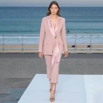 

2019 New Pink Autumn Long Sleeve Celebrity Evening Runway Party 2 Two Pieces Sets Sexy V Neck Coat & Long Pants Club Jumpsuits