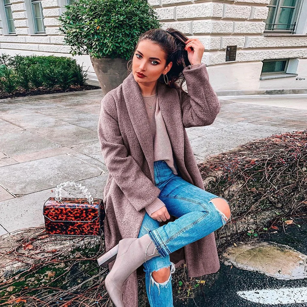 Женская одежда верхняя одежда& Coatswool из хлопка и смешанных Повседневное одноцветное осеннее пальто Для женщин большой Размеры длинное зимнее пальто размера плюс Шерстяное пальто# J30