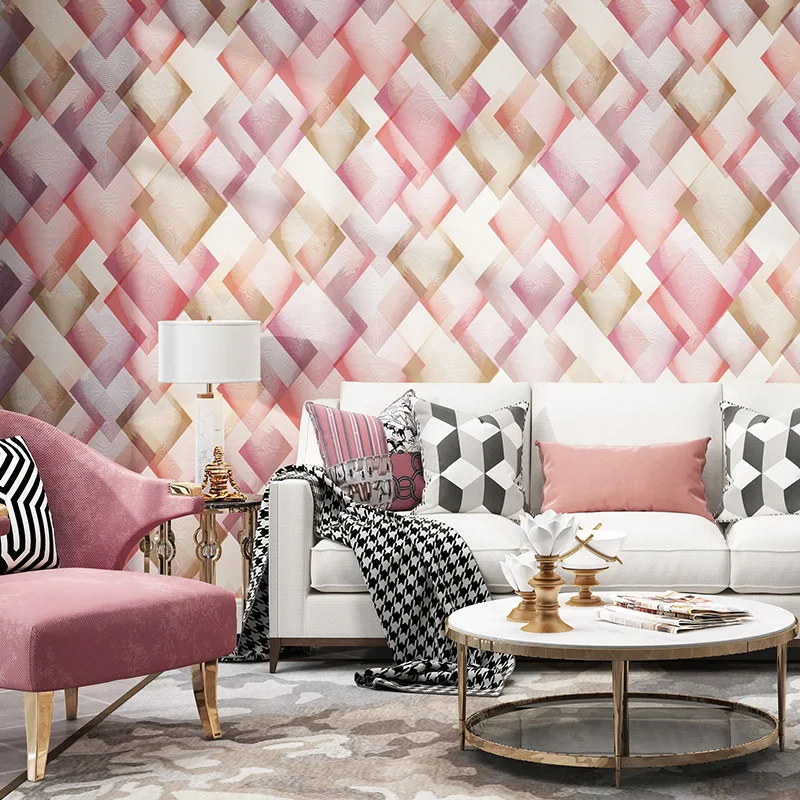 Modern minimalist Nordic wind geometry diamond lattice pink wallpaper bedroom living room background non-woven wallpaper Bedroom
