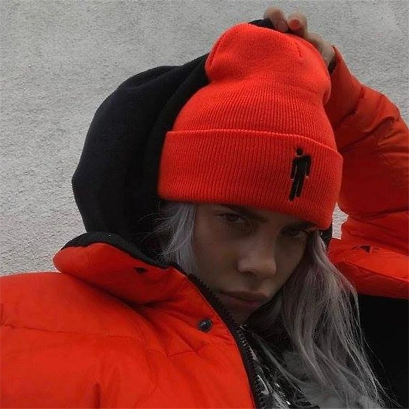 Billie Eilish зимние Для женщин шляпа 17 цвета вязаная зимняя шапка одноцветная в стиле «хип-хоп» вязаная шапка теплая Для женщин вязаная шапка Прямая
