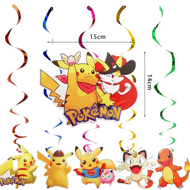 Pokemon Birthday Party Decorations Pikachu Foil Balloons Disposable Tableware Plate Napkin Backdrop For Kids Boy Party Supplies Hang spin 6pcs