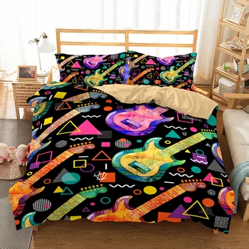 

Guitar Floral Bedding Set Bedroom Decor Doona Quilt Cover Black Background Hypoallergenic 1PC Duvet Cover with Pillowcase