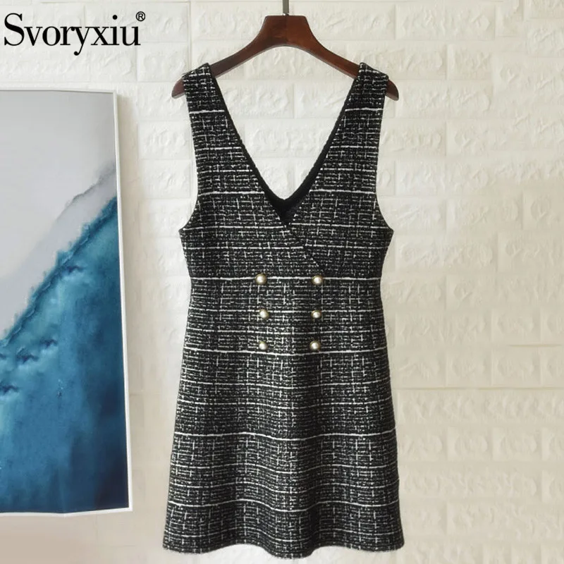 

Svoryxiu Designer Autumn Winter High End Wool Knitting Tank Dress Women's Fashion Ncollar Double-Breasted Sweater Dresses